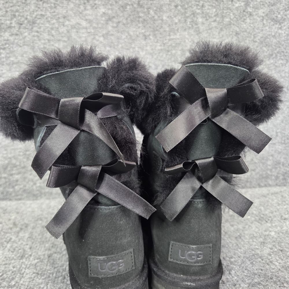 UGG 1016225 Bow Fur Trim Suede Mid-Calf Pull On Winter Boots Black 9 Women